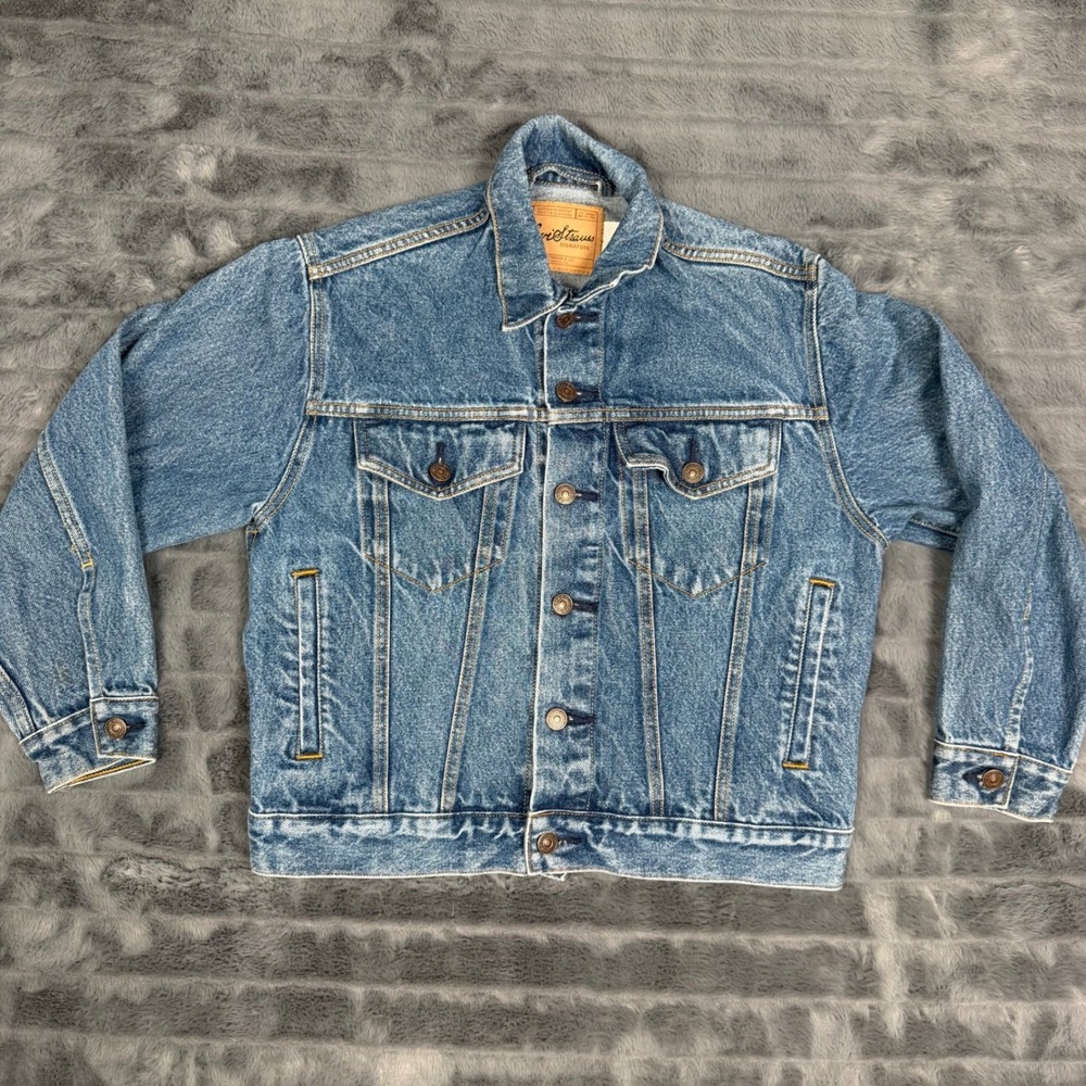 Levi Strauss Signature Harley Davidson Denim Trucker Jacket Medium Wash Blue M